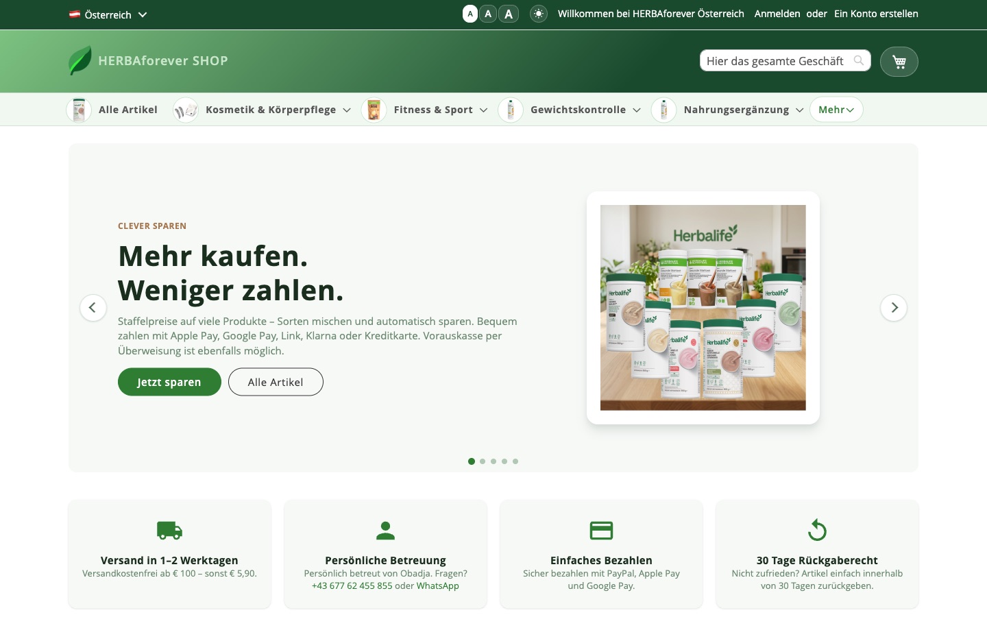 Startseite des Beispiel-Shops herbaforever.shop (Desktop, helles Design)